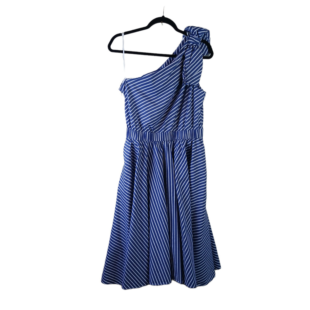 Eliza J Womens Size 12 One Shoulder Fit Flare Dress Stripped Nautical Pockets